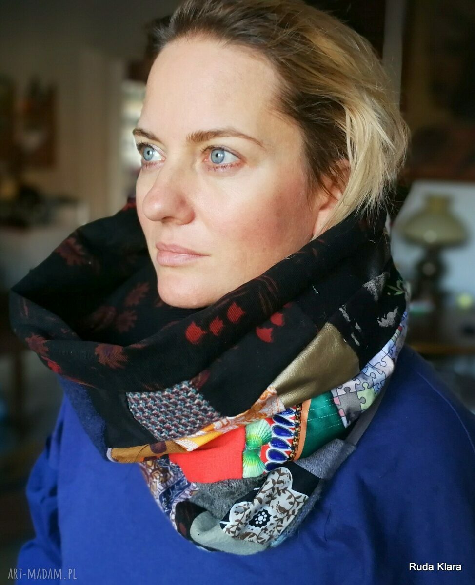 Ciepły komin zimowy-jesienny-wiosenny w stylu boho, patchwork na podszewce