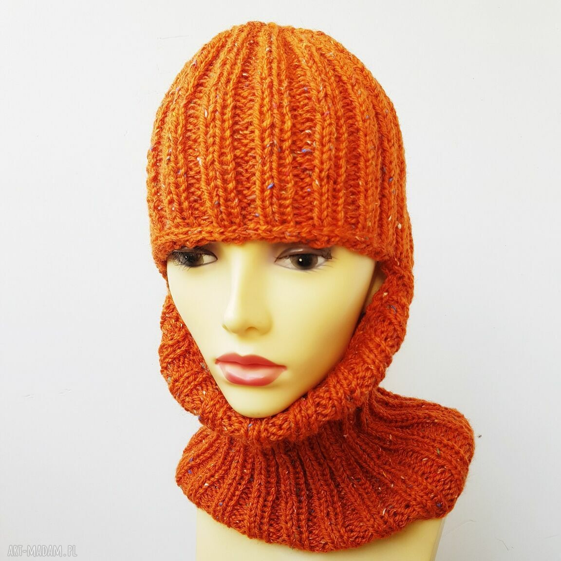 Kominiarka ręcznie robiona w kolorze rudy tweed (balaclava) - wełniana czapka narciarka unisex