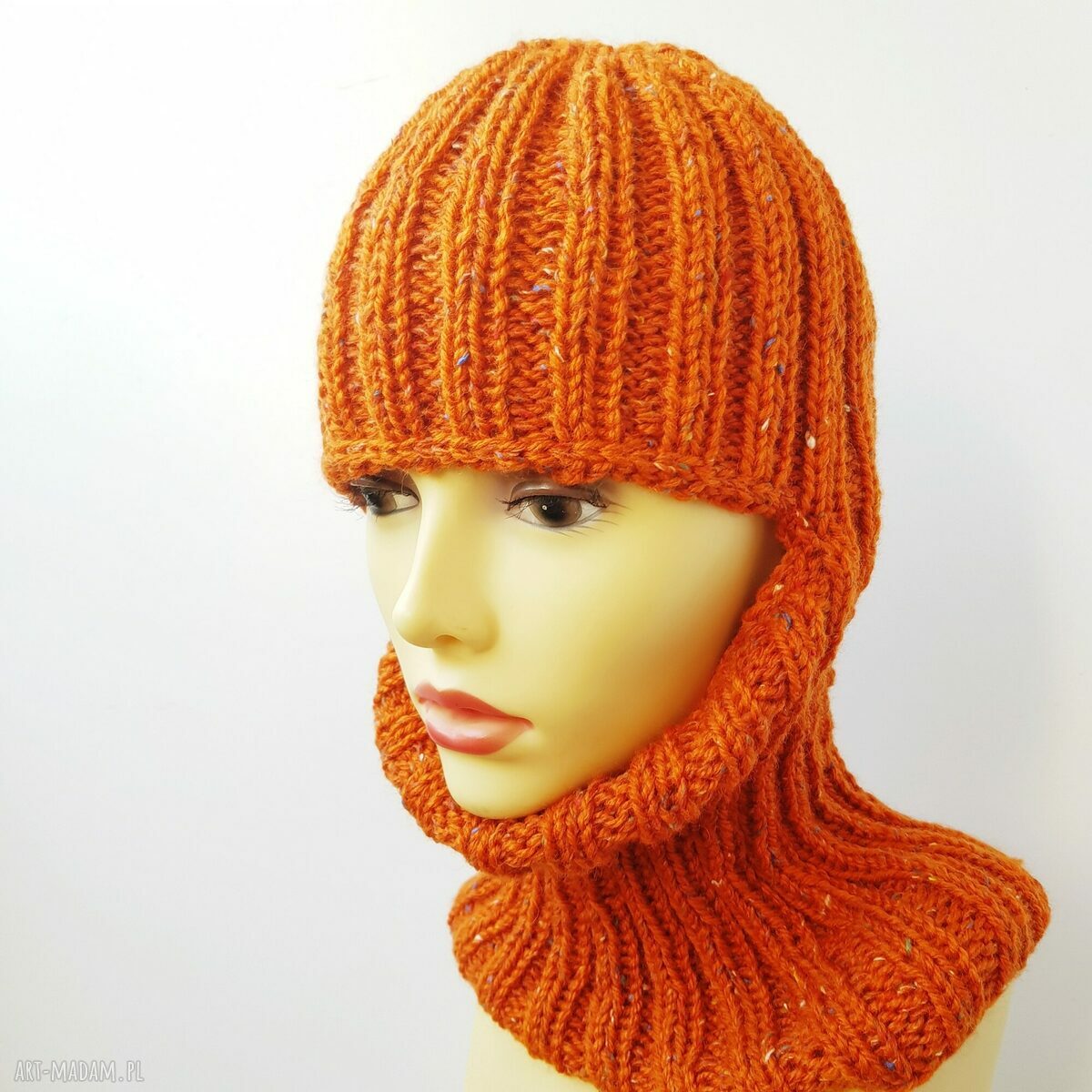 Kominiarka ręcznie robiona w kolorze rudy tweed (balaclava) - wełniana czapka narciarka unisex