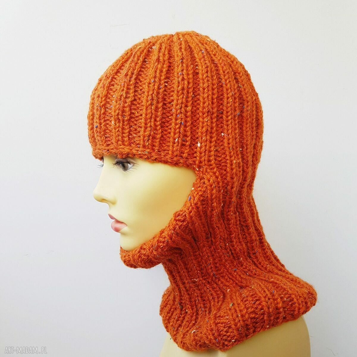 Kominiarka ręcznie robiona w kolorze rudy tweed (balaclava) - wełniana czapka narciarka unisex