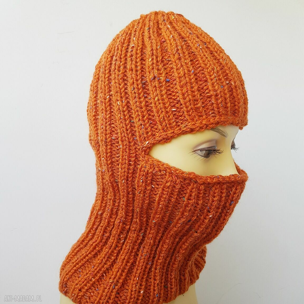 Kominiarka ręcznie robiona w kolorze rudy tweed (balaclava) - wełniana czapka narciarka unisex