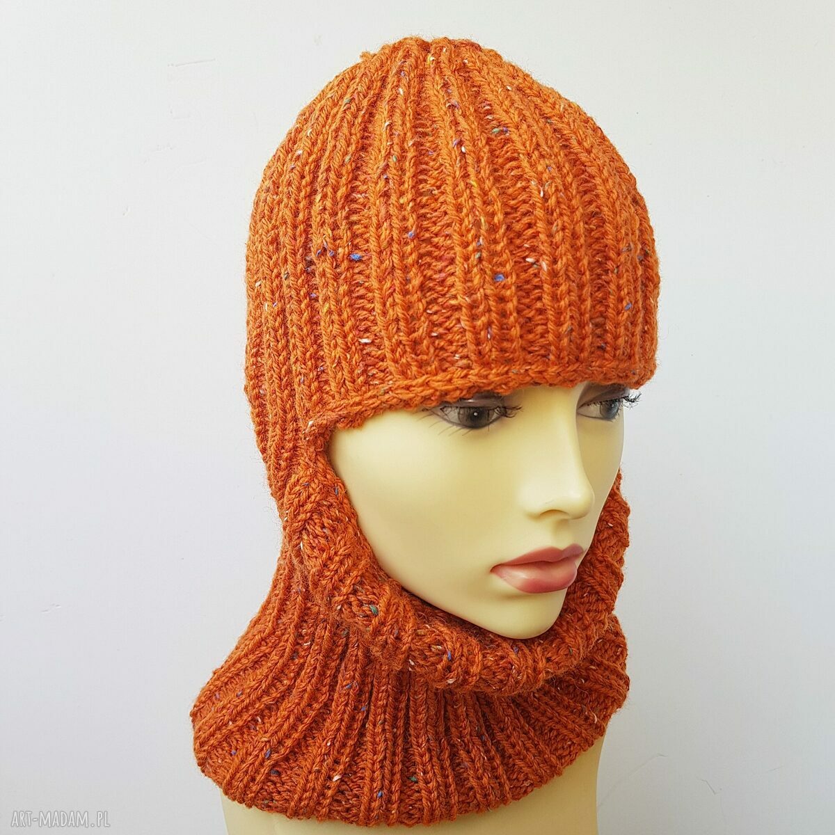 Kominiarka ręcznie robiona w kolorze rudy tweed (balaclava) - wełniana czapka narciarka unisex