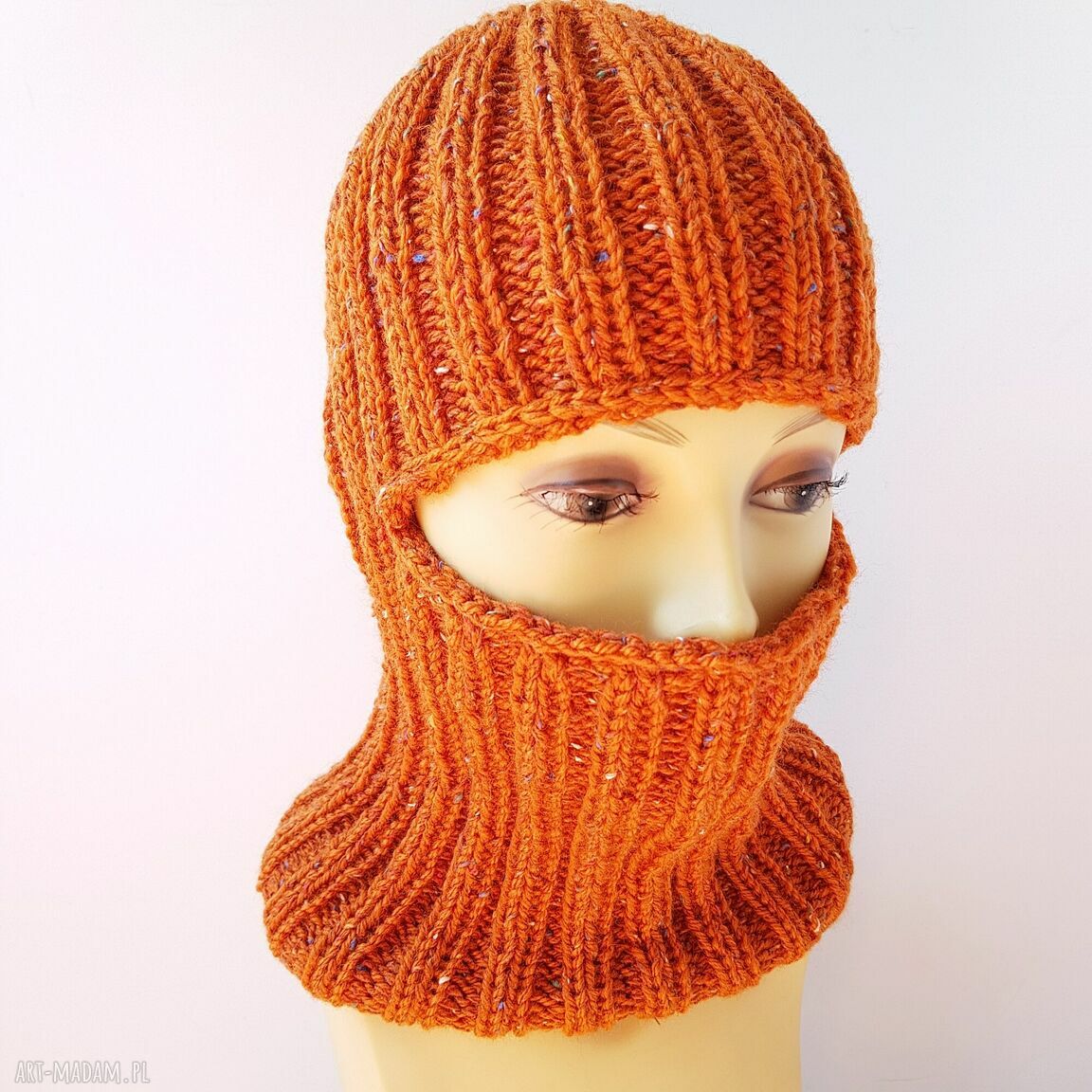 Kominiarka ręcznie robiona w kolorze rudy tweed (balaclava) - wełniana czapka narciarka unisex