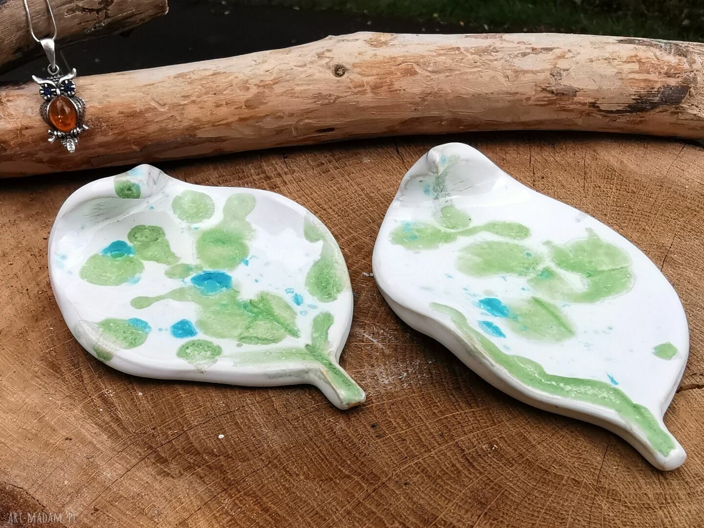 Komplet 2 ceramicznych listków c304 - ręcznie robione podstawki na biżuterię i tealighty