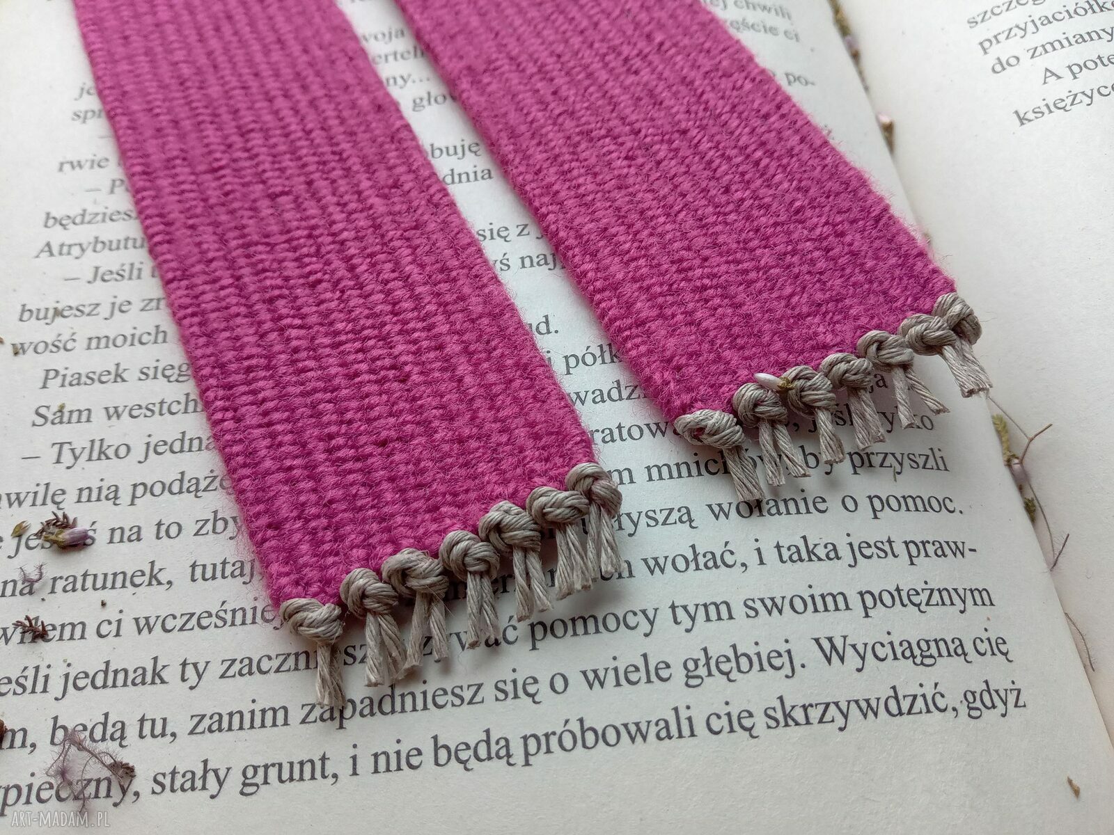 Komplet 2 ręcznie tkanych zakładek do książek - FOL 2 - różowe kwiatki