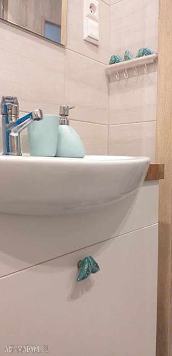 Komplet 2 ceramicznych uchwytów z turkusowymi ptaszkami do szuflad