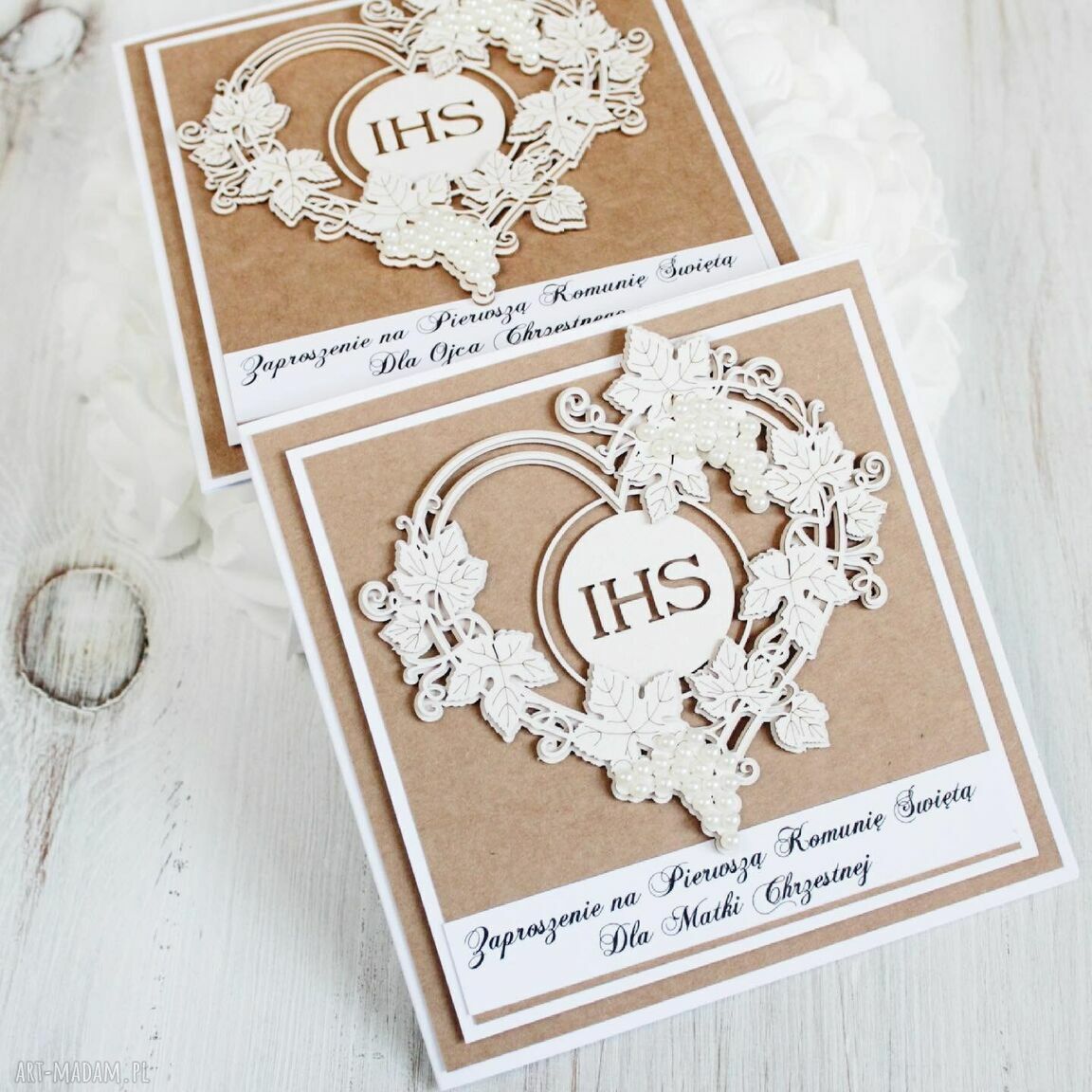 zaproszenie: Komplet 2 zaproszeń na Komunię dla Rodziców Chrzestnych hand made