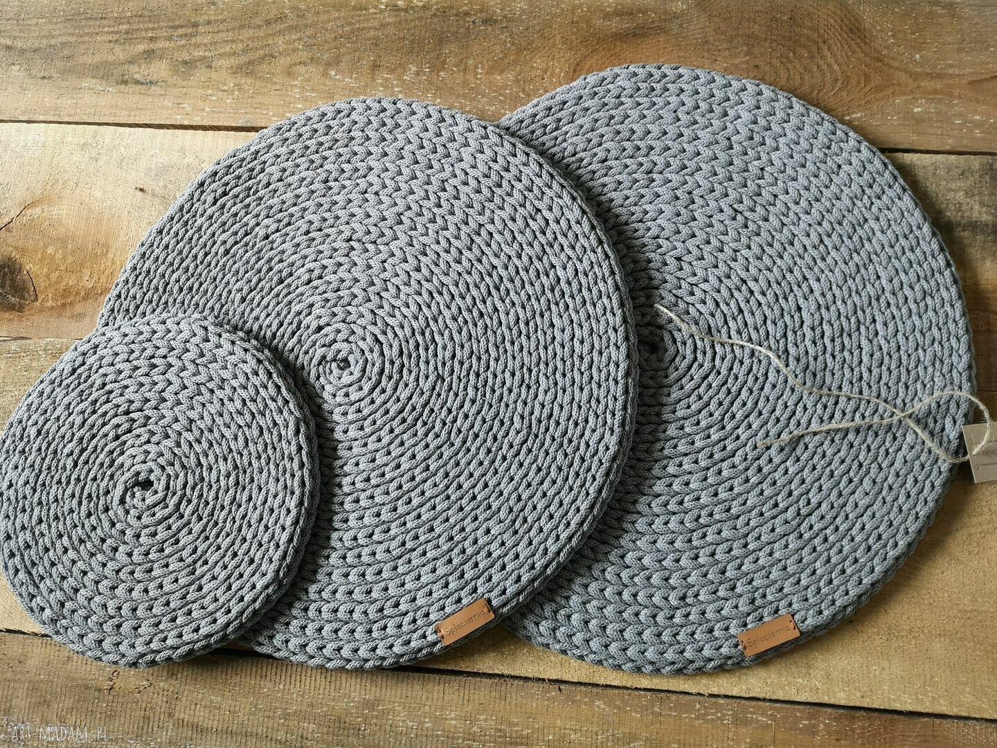 Komplet 3 okrągłych podkładek handmade ze sznurka bawełnianego - ciemny szary