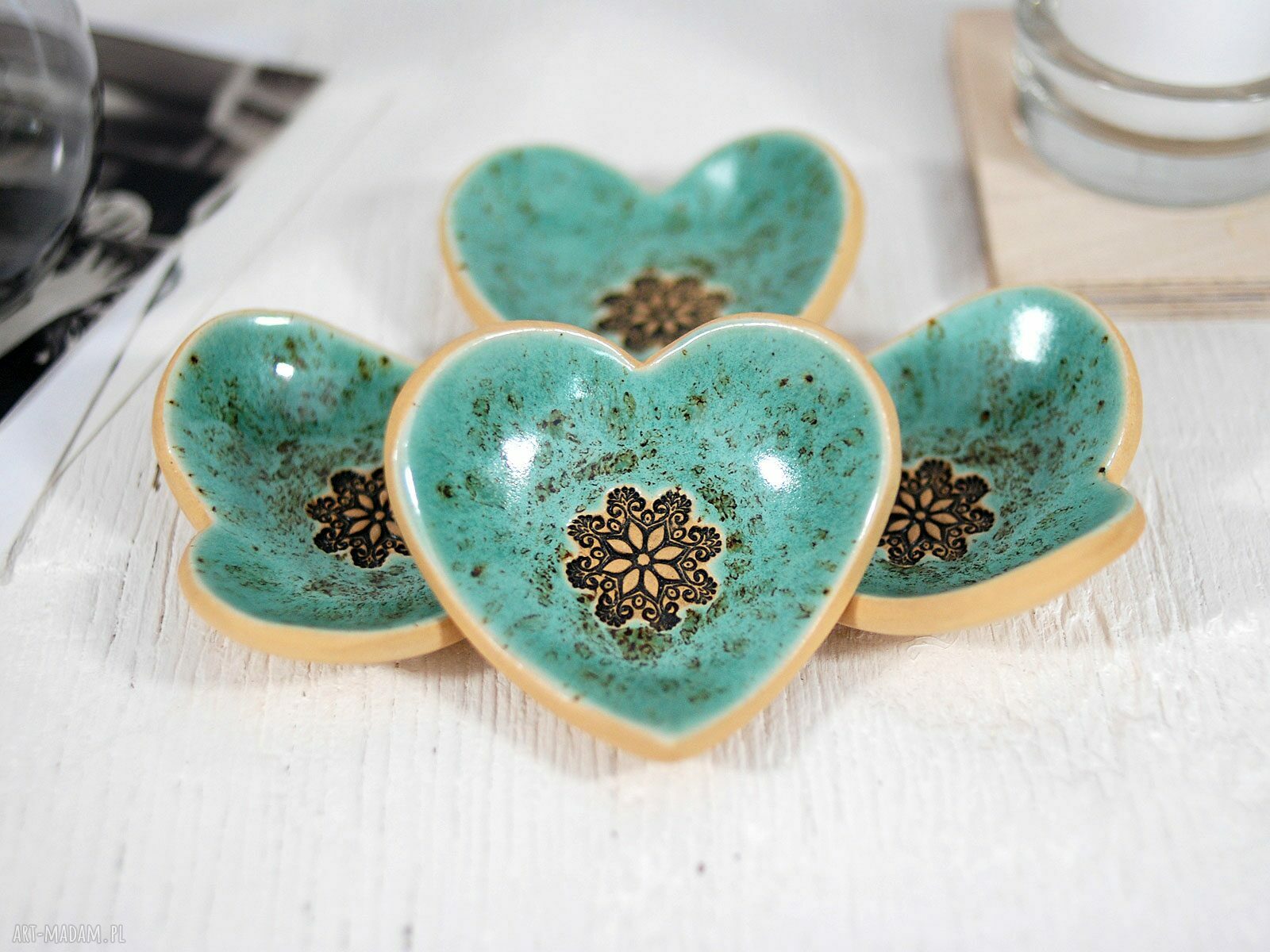 Komplet 4 ceramicznych miseczek na biżuterię, obrączki i świecę - ręcznie robione