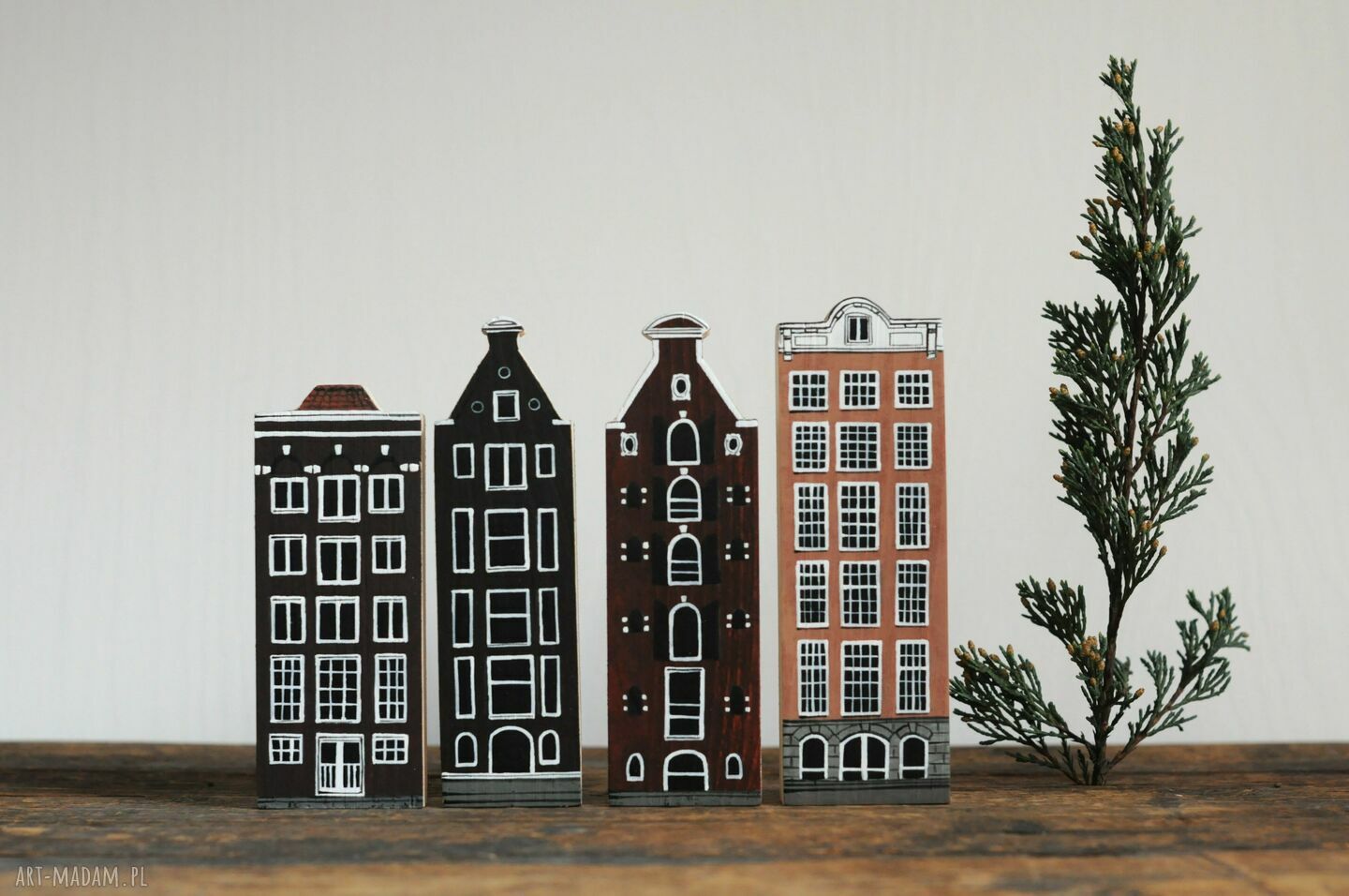 Komplet 4 szt drewnianych kamieniczek Amsterdam - ręcznie malowane domki