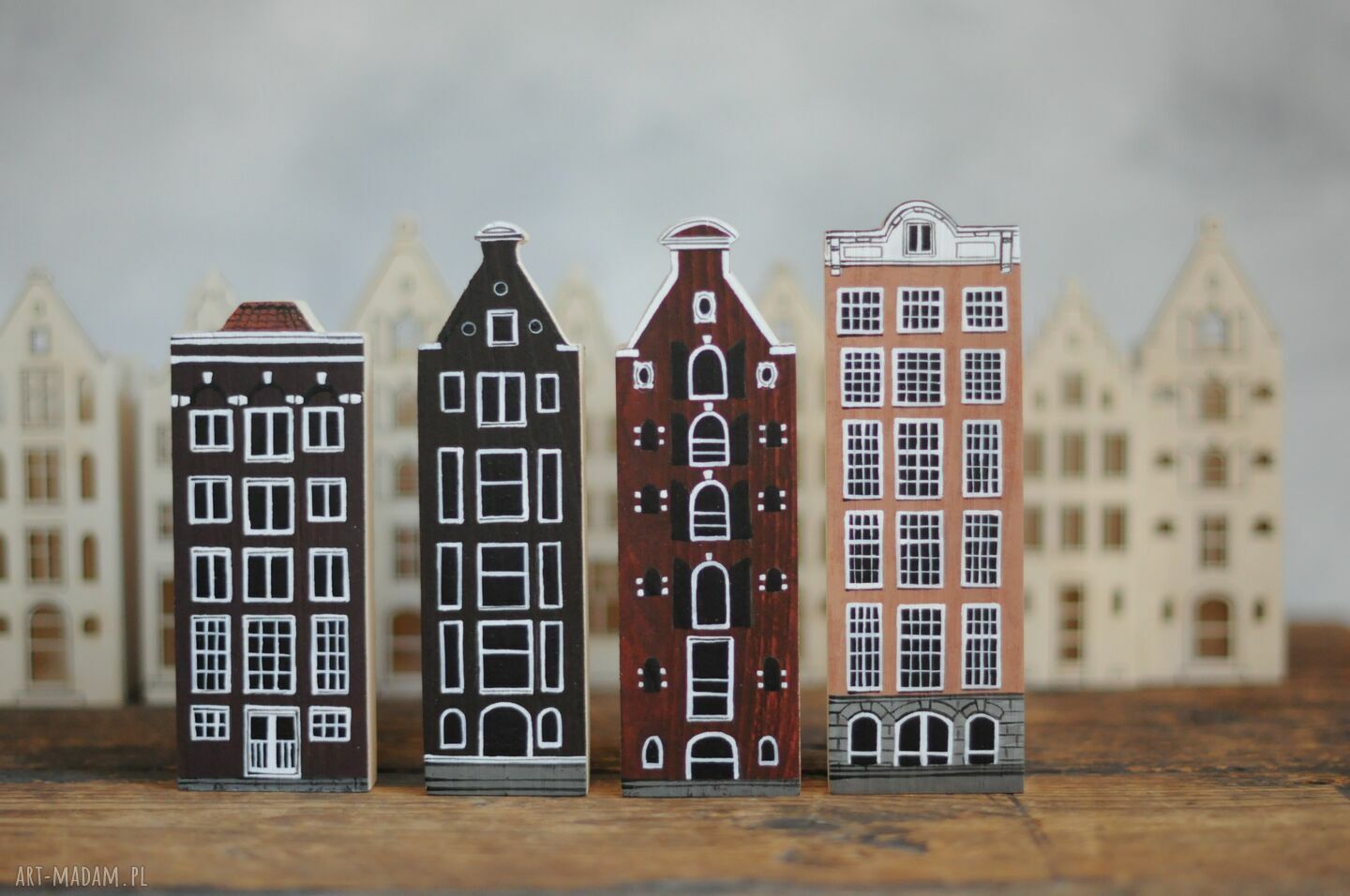 Komplet 4 szt drewnianych kamieniczek Amsterdam - ręcznie malowane domki