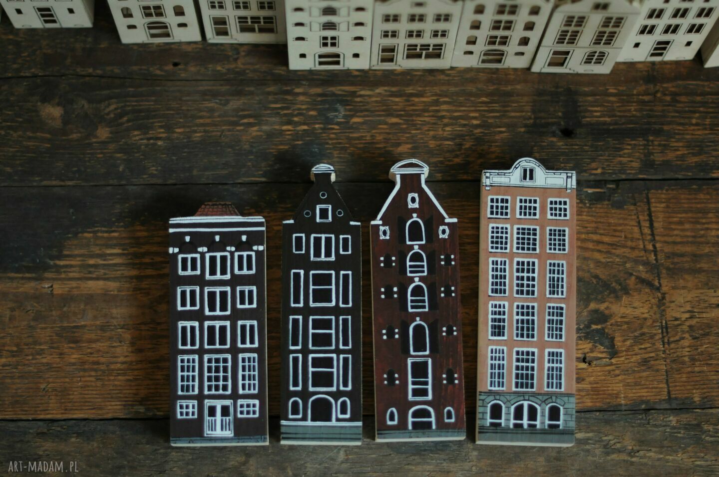 Komplet 4 szt drewnianych kamieniczek Amsterdam - ręcznie malowane domki