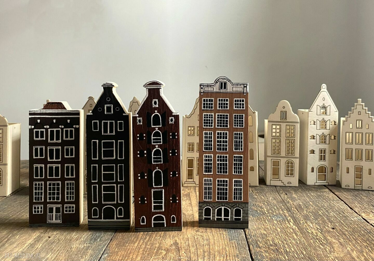 Komplet 4 szt drewnianych kamieniczek Amsterdam - ręcznie malowane domki