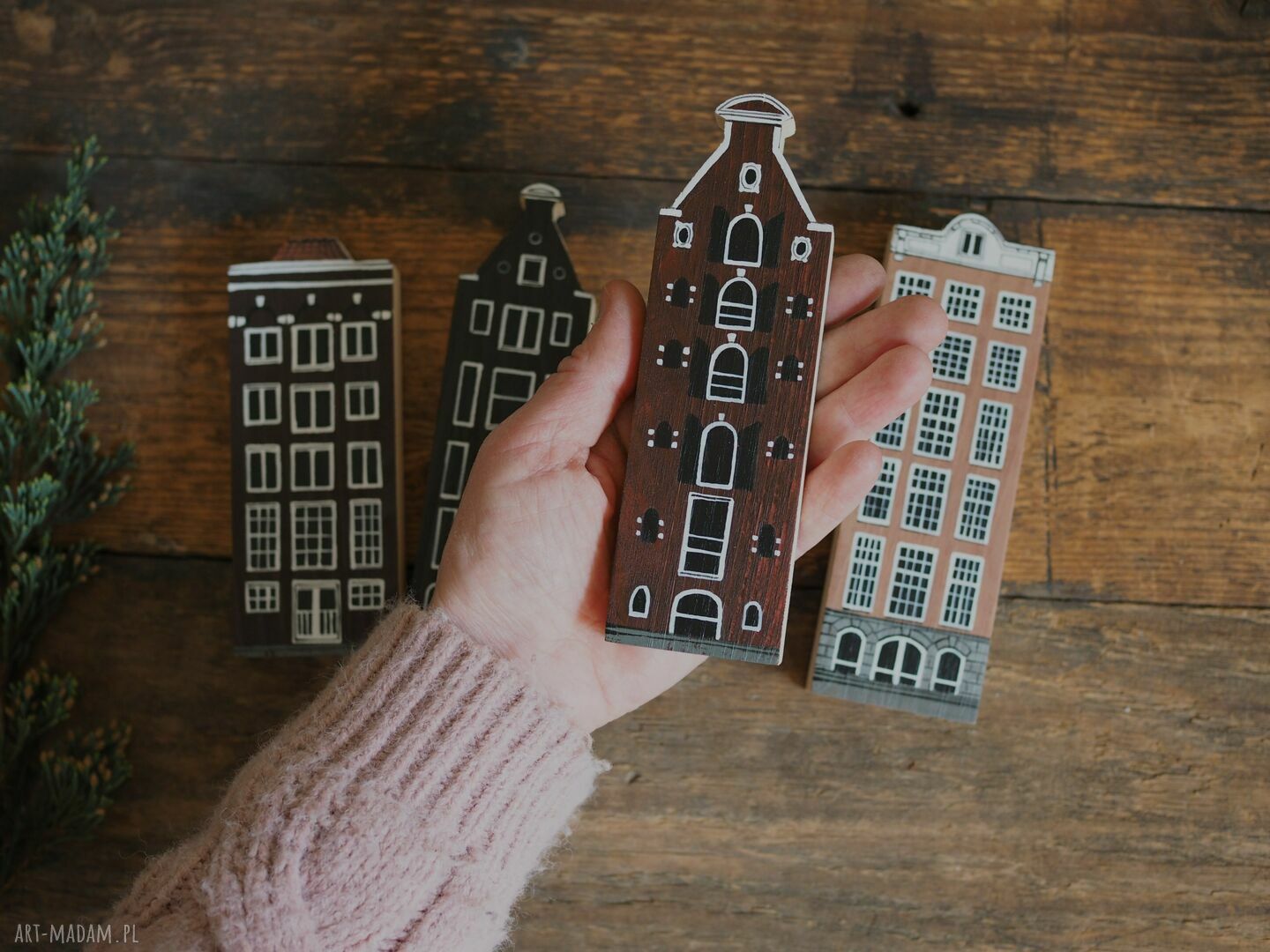 Komplet 4 szt drewnianych kamieniczek Amsterdam - ręcznie malowane domki
