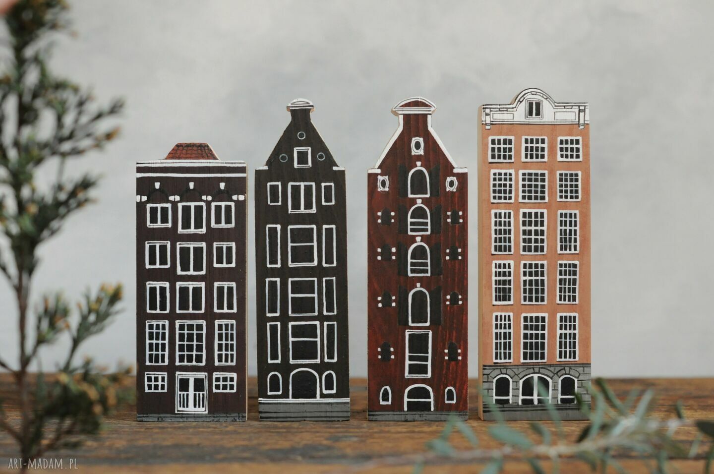 Komplet 4 szt drewnianych kamieniczek Amsterdam - ręcznie malowane domki