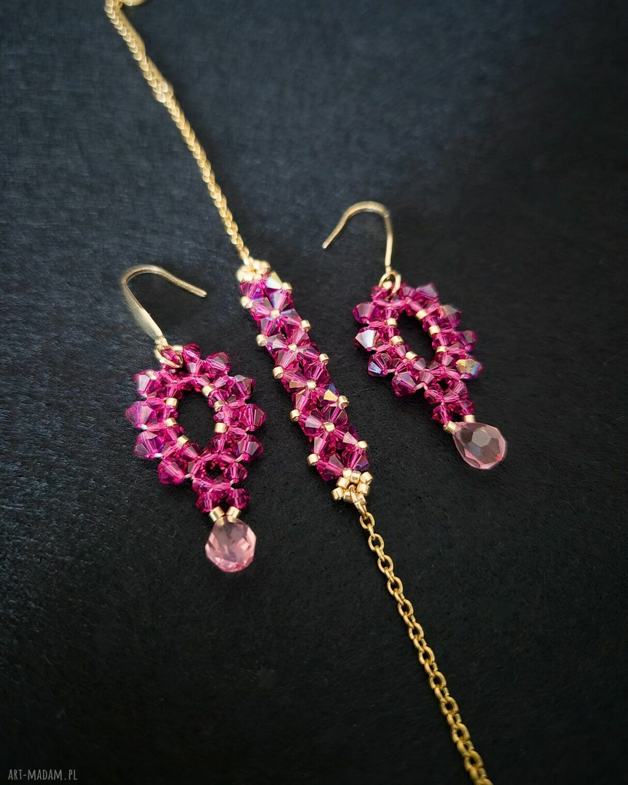 Komplet biżuterii Fuchsia & Rose - bransoletka i kolczyki z kryształków oraz koralików
