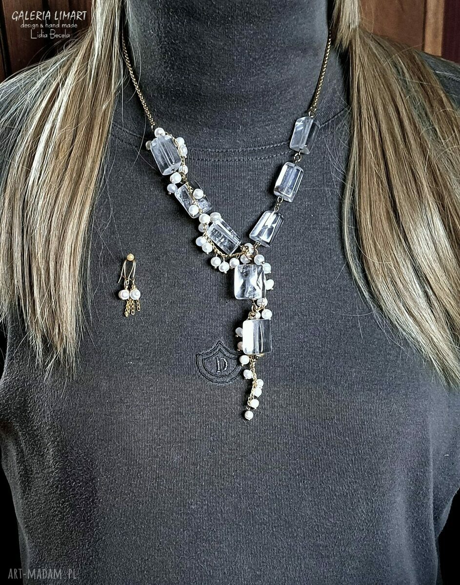 Komplet biżuterii kryształ górski i perły - unikat handmade w stylu boho