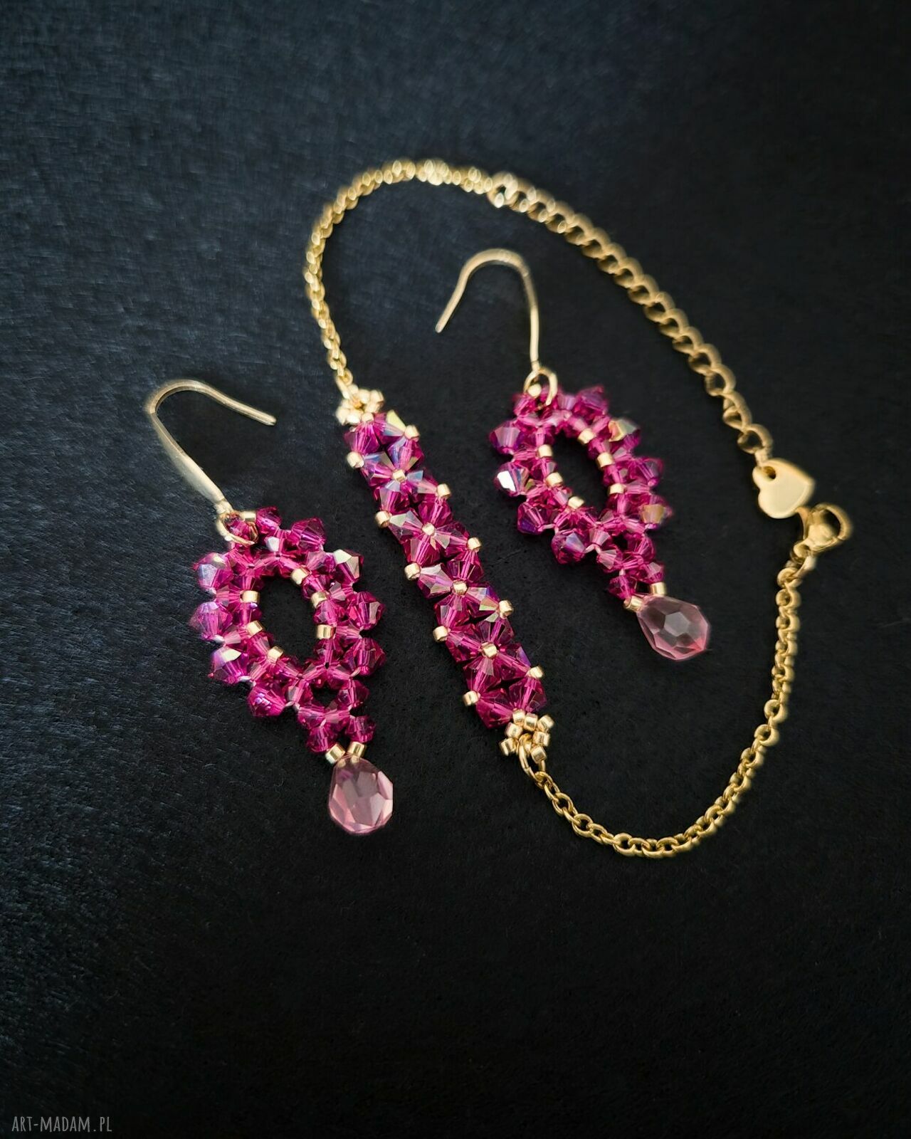 Komplet biżuterii Fuchsia & Rose - bransoletka i kolczyki z kryształków oraz koralików