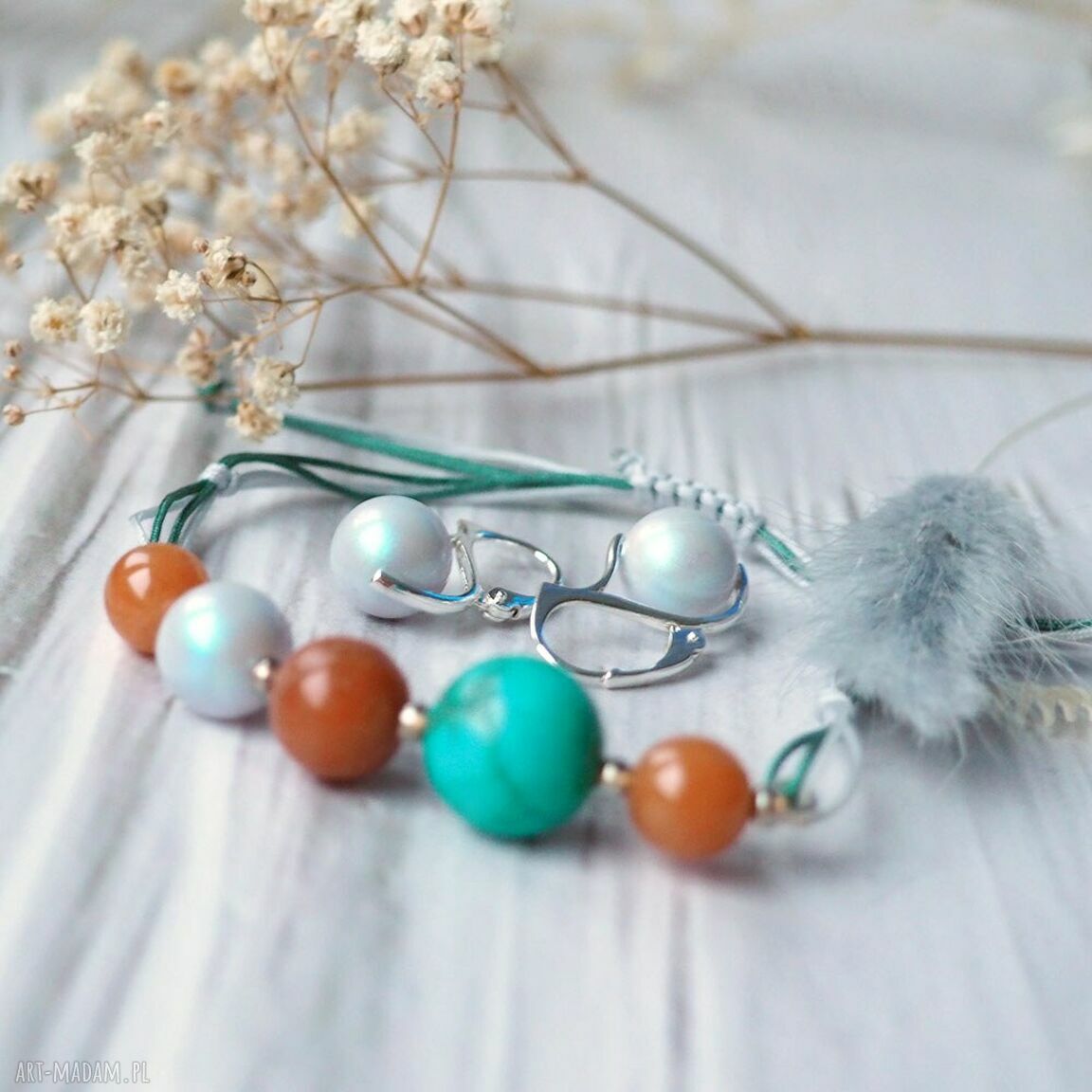 Komplet biżuterii na prezent - bransoletka i kolczyki z amazonitem, jaspisem i perłą Swarovski