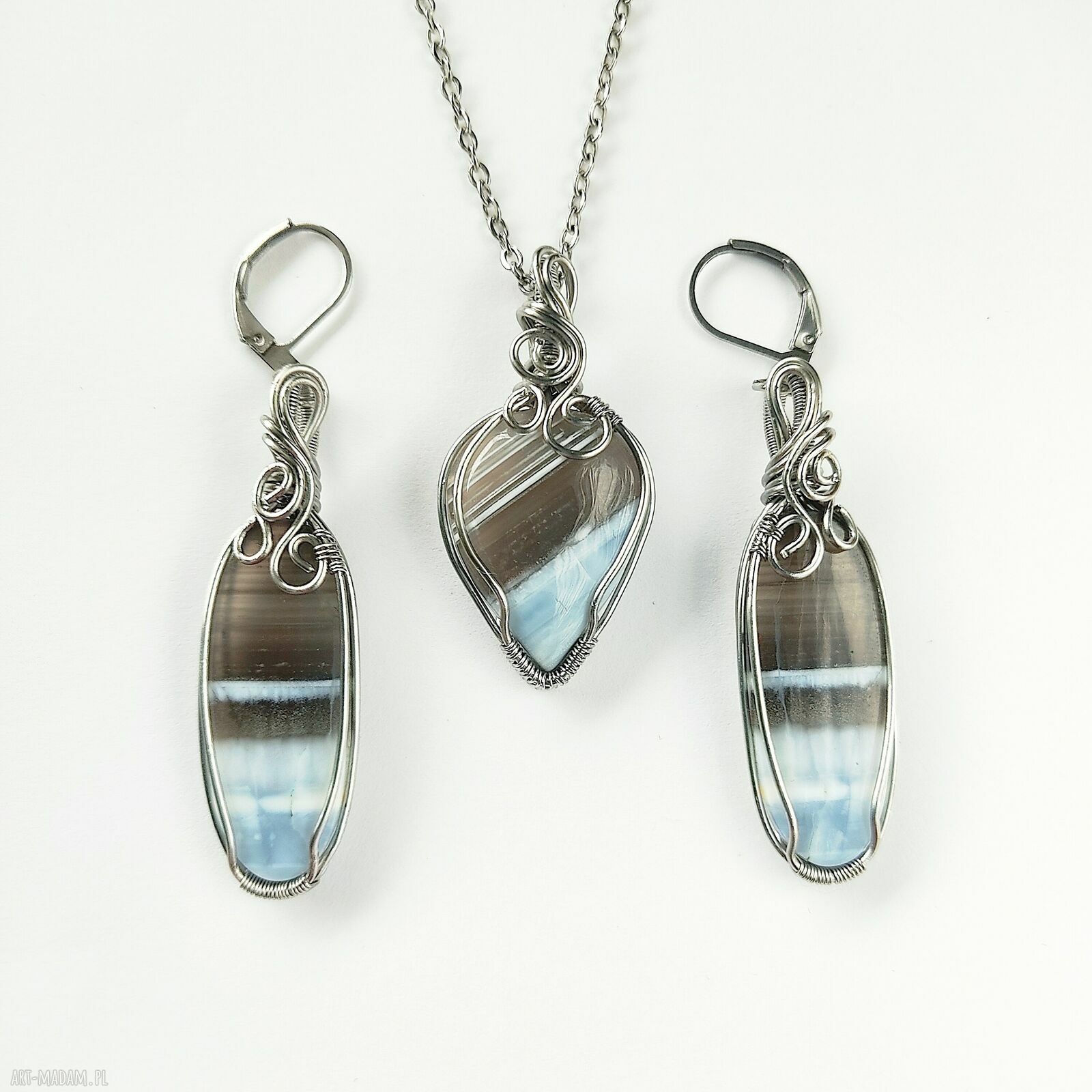 Komplet biżuterii Opal Niebieski - kolczyki i naszyjnik ze stali chirurgicznej handmade wire wrapping