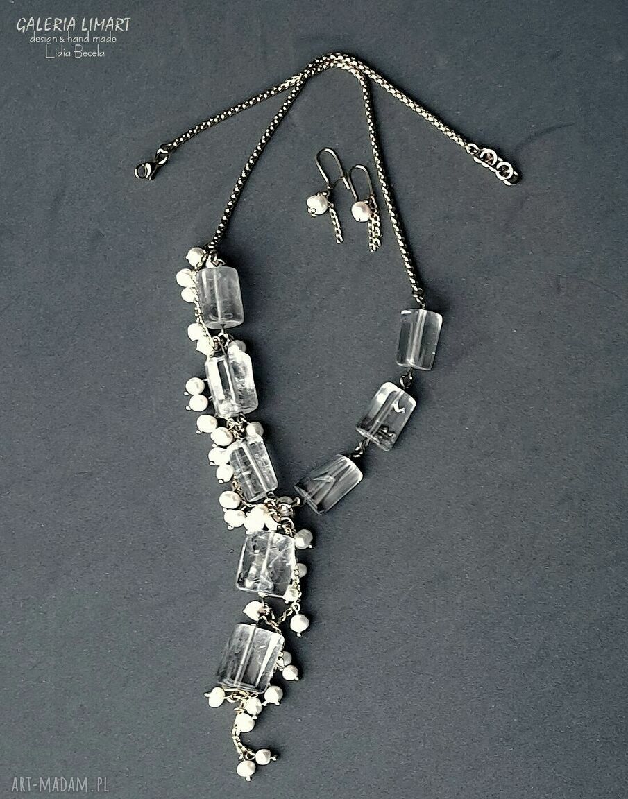 Komplet biżuterii kryształ górski i perły - unikat handmade w stylu boho