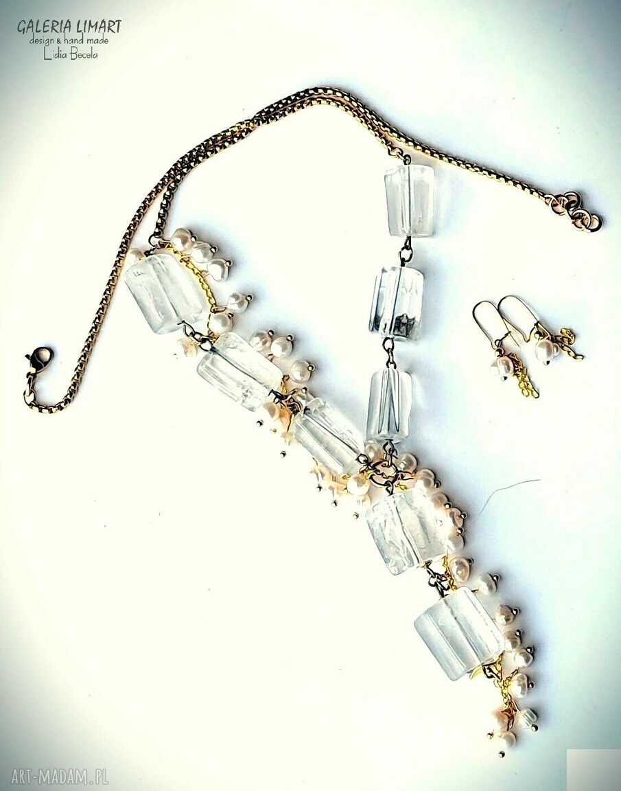 Komplet biżuterii kryształ górski i perły - unikat handmade w stylu boho