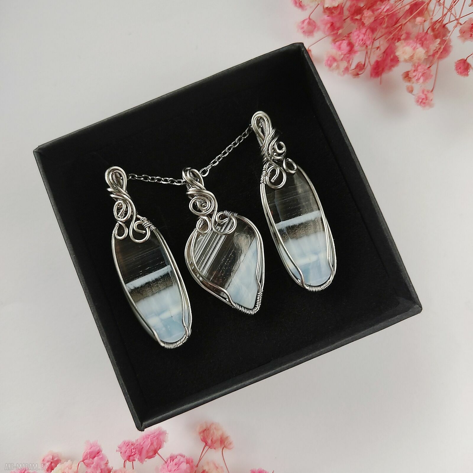 Komplet biżuterii Opal Niebieski - kolczyki i naszyjnik ze stali chirurgicznej handmade wire wrapping