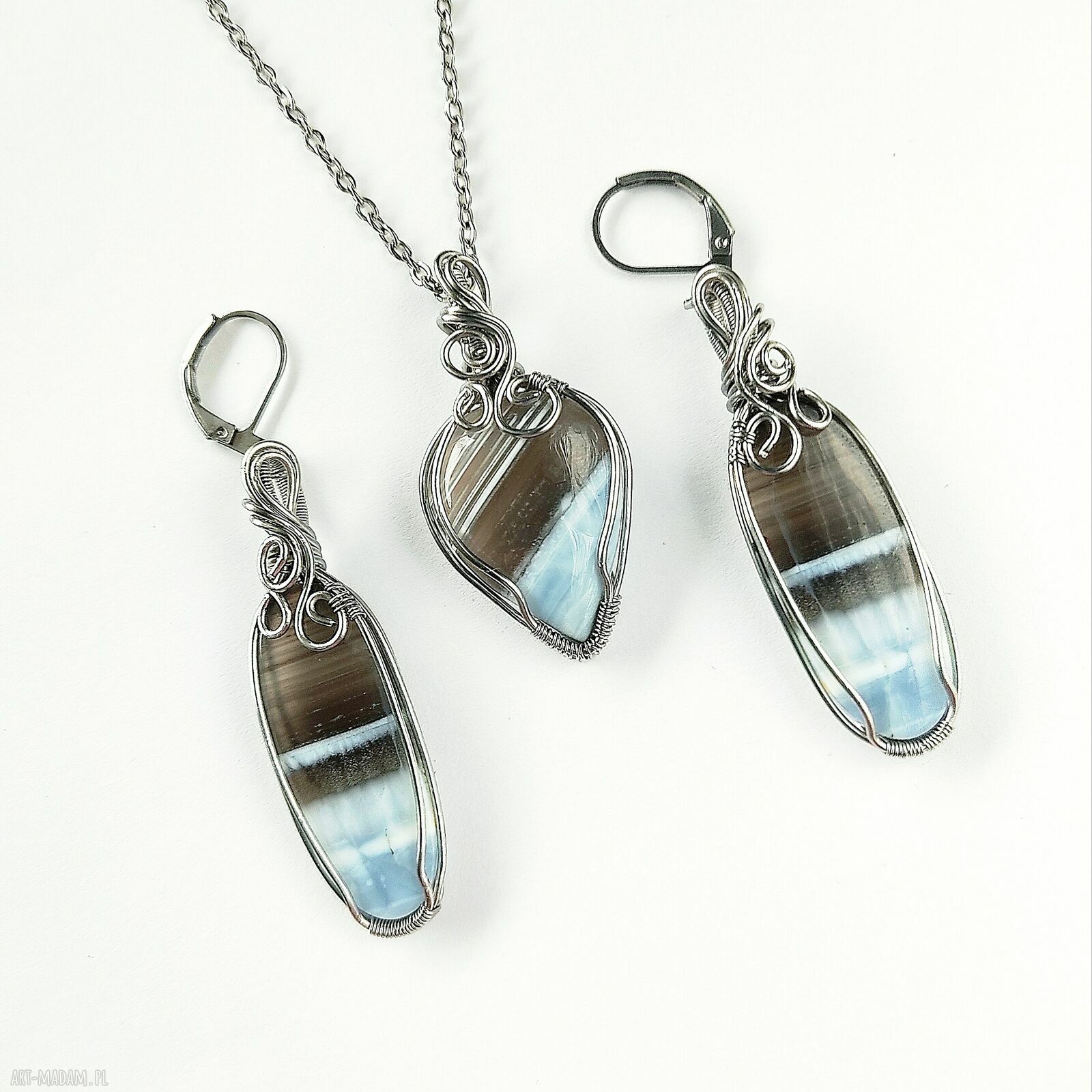 Komplet biżuterii Opal Niebieski - kolczyki i naszyjnik ze stali chirurgicznej handmade wire wrapping
