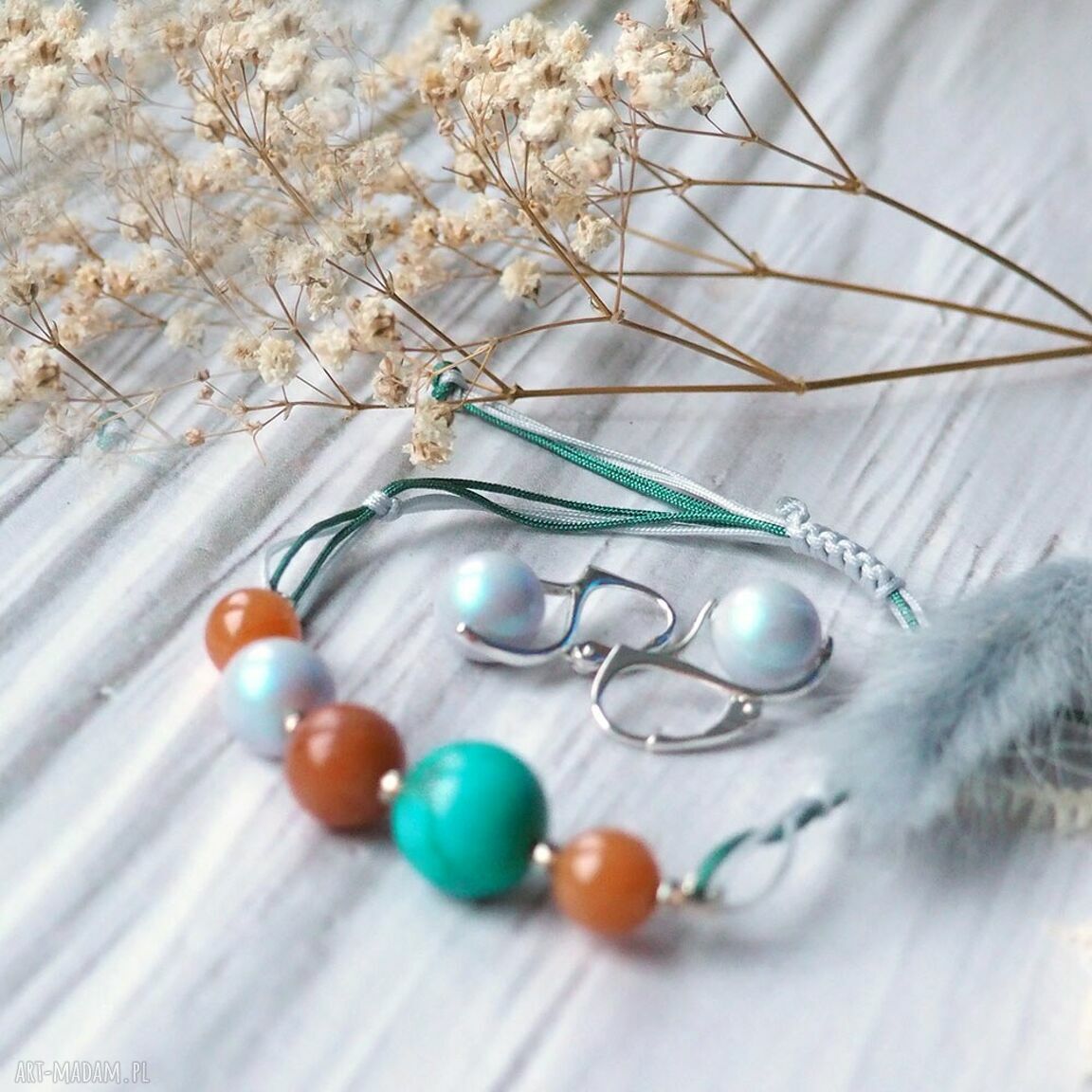 Komplet biżuterii na prezent - bransoletka i kolczyki z amazonitem, jaspisem i perłą Swarovski