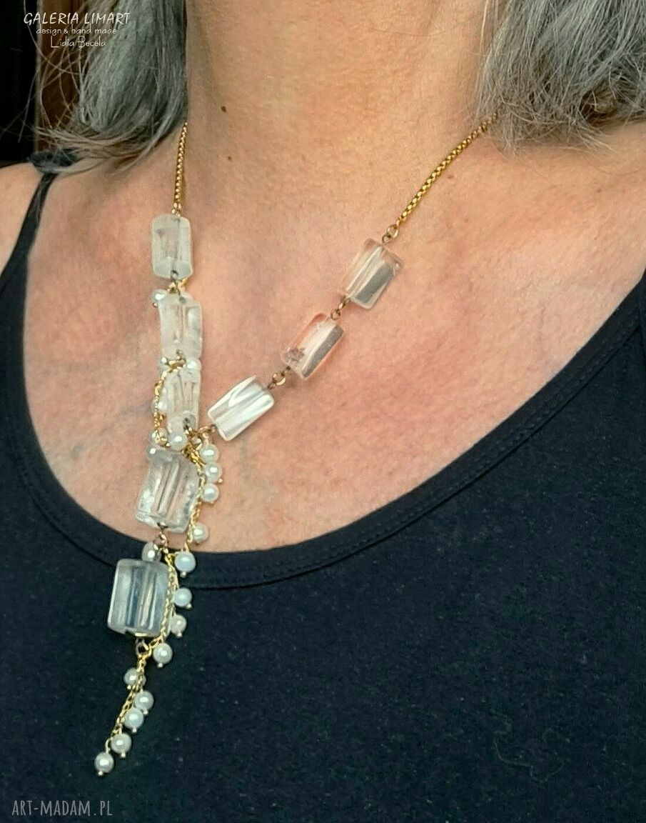Komplet biżuterii kryształ górski i perły - unikat handmade w stylu boho