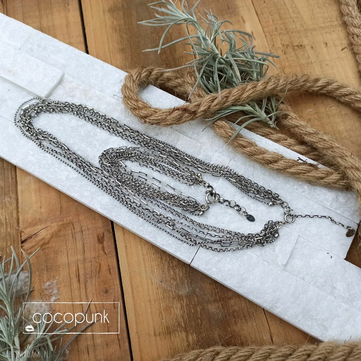 naszyjniki: Srebro nowoczesny naszyjnik 7 łańcuszków. hand made