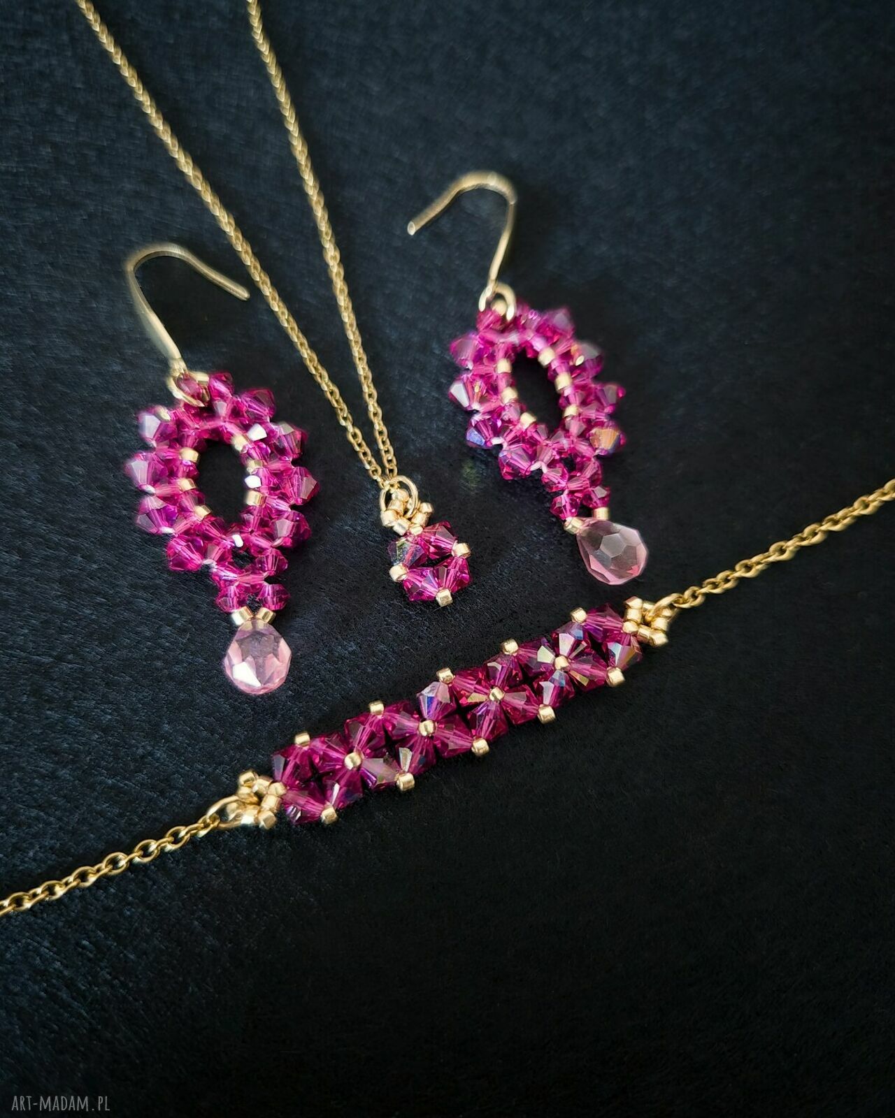 Komplet biżuterii Fuchsia & Rose - naszyjnik, bransoletka i kolczyki