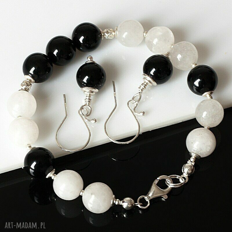 Komplet Black&White z jadeitu, onyksu i srebra 925 (bransoletka + kolczyki)