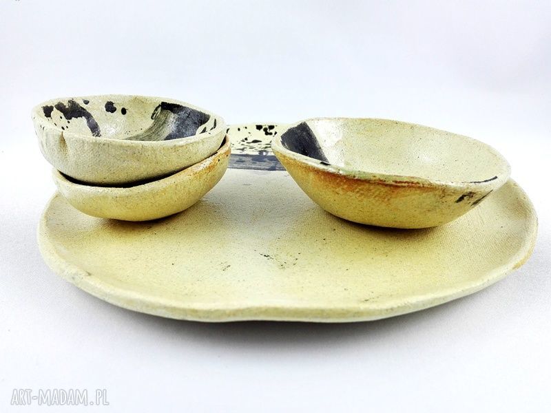 Komplet ceramiczny: talerz 21 cm i 3 miseczki ręcznie robione