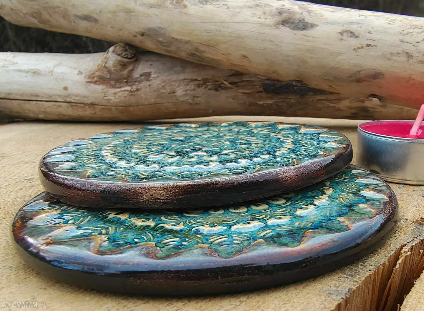 Komplet ceramicznych podstawek pod tealighty i pod kubek z motywem mandali