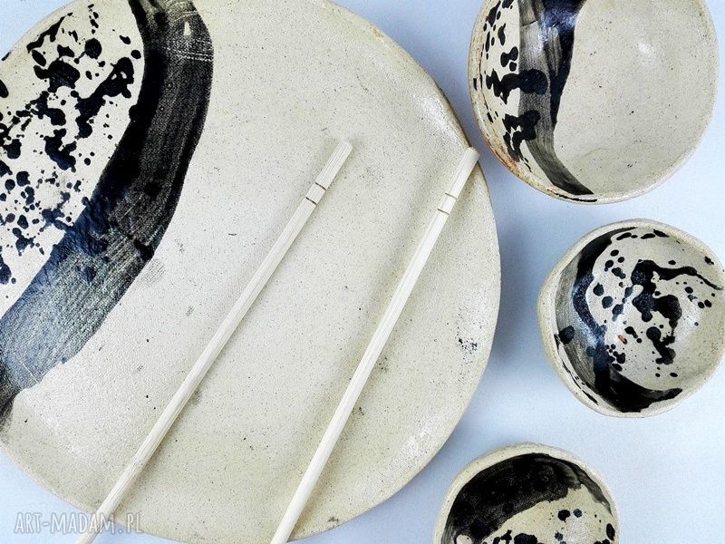 Komplet ceramiczny: talerz 21 cm i 3 miseczki ręcznie robione