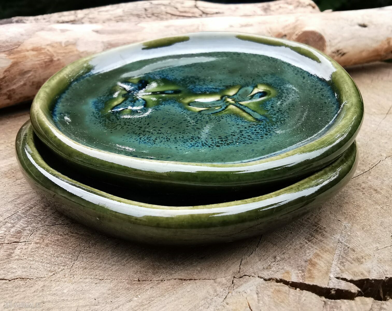 Komplet ceramicznych podstawek c315 - zielone talerzyki z ważkami