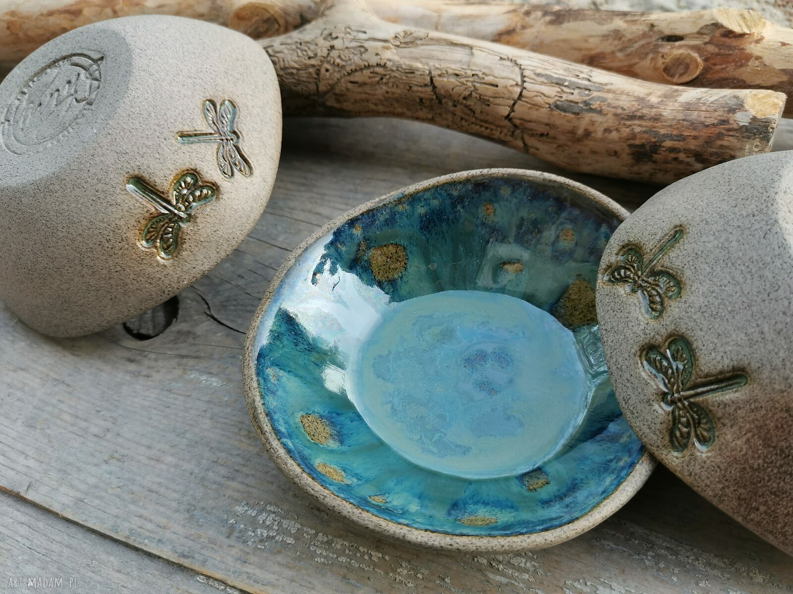 Komplet ceramicznych miseczek 3 sztuki - kamionka z motywem ważek