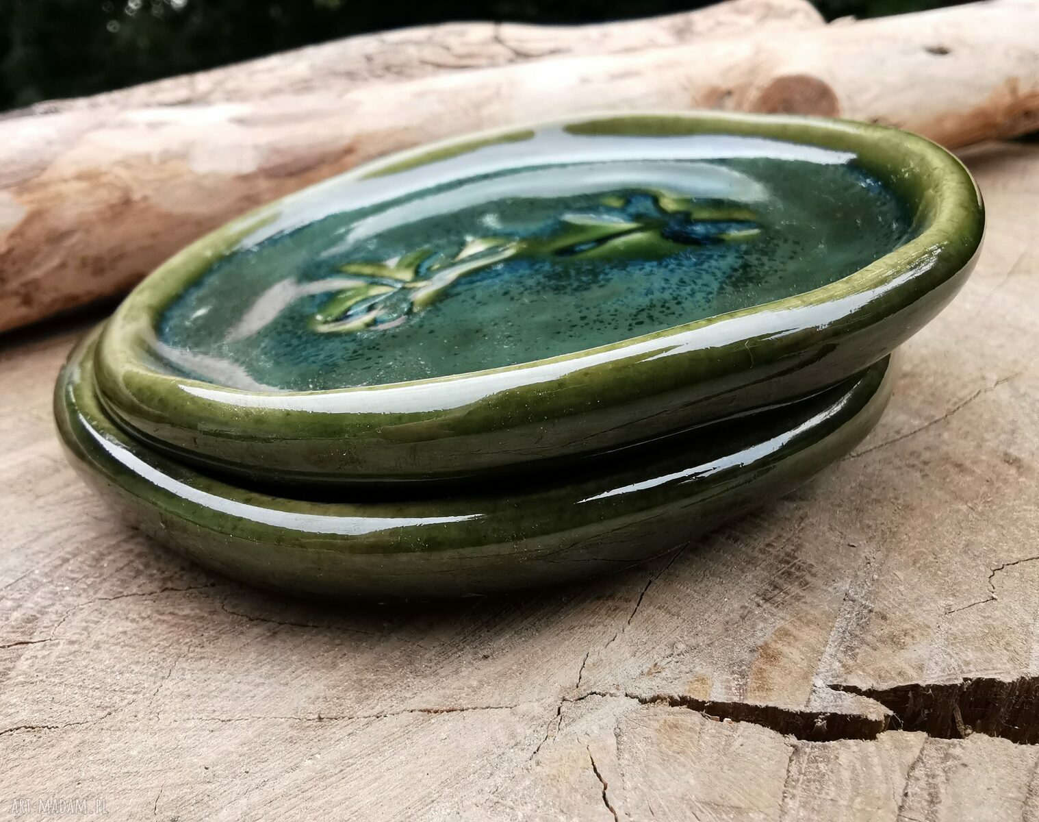 Komplet ceramicznych podstawek c315 - zielone talerzyki z ważkami