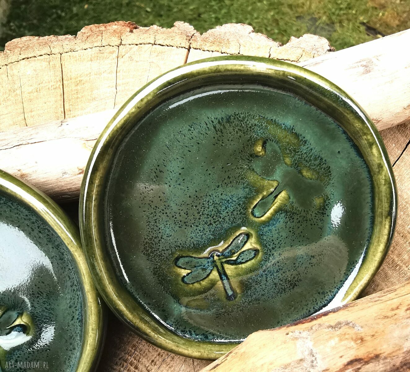 Komplet ceramicznych podstawek c315 - zielone talerzyki z ważkami