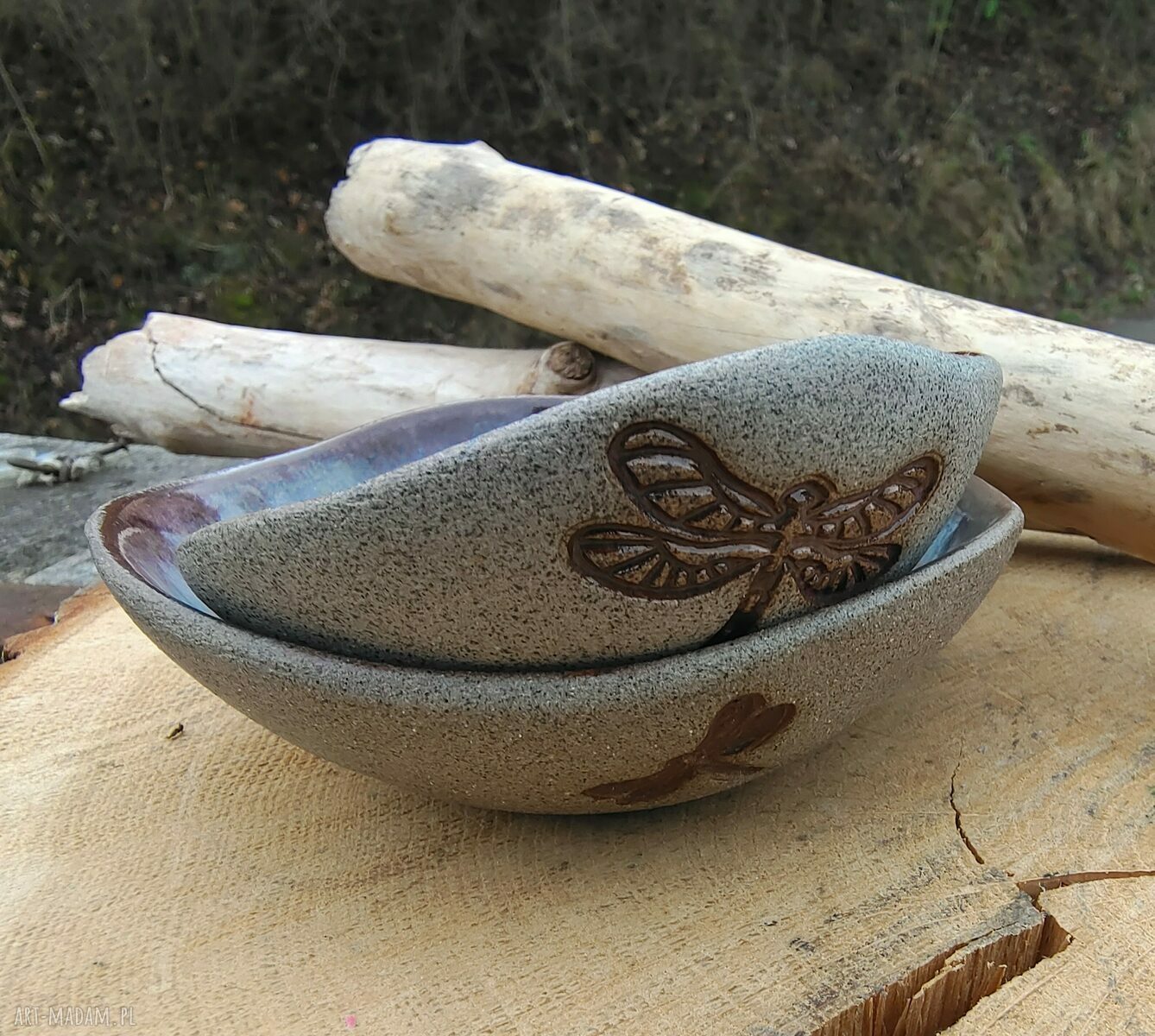 Komplet ceramicznych miseczek z kamionki z motywem ważek (c596)