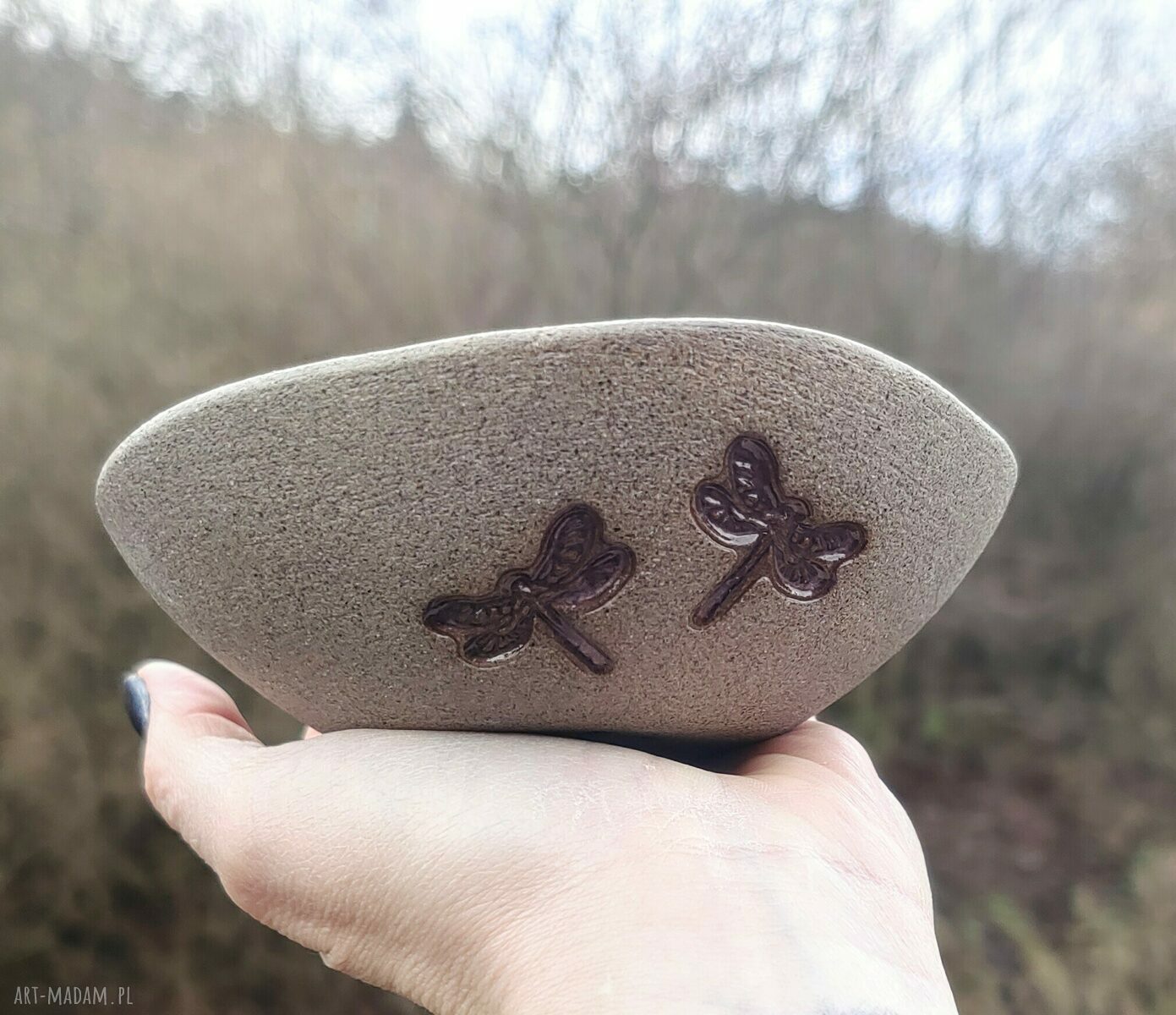 Komplet ceramicznych miseczek z kamionki z motywem ważek (c596)