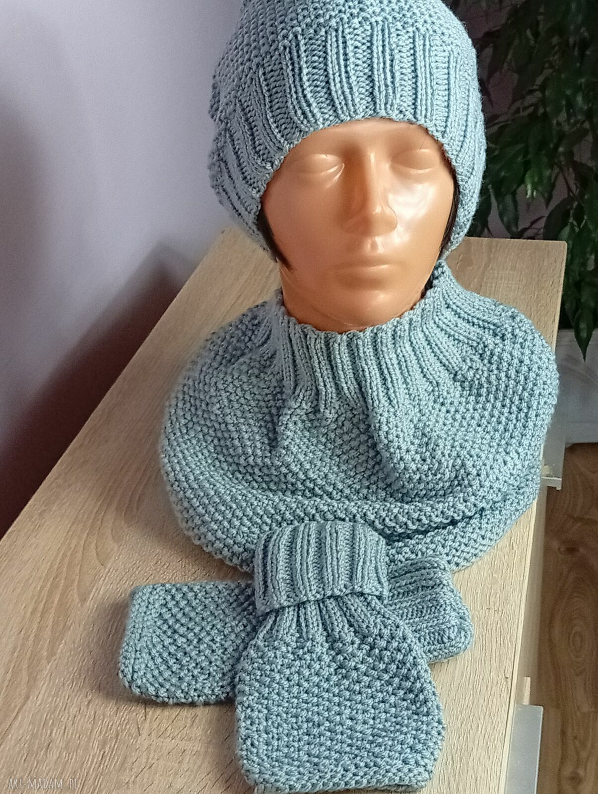 Komplet czapka, komin i mitenki - kolor szary handmade