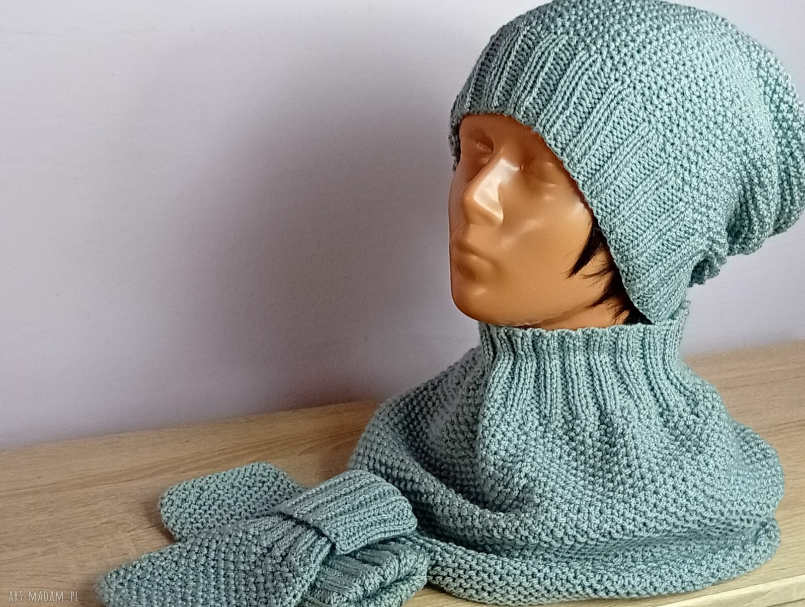 Komplet czapka, komin i mitenki - kolor szary (handmade)
