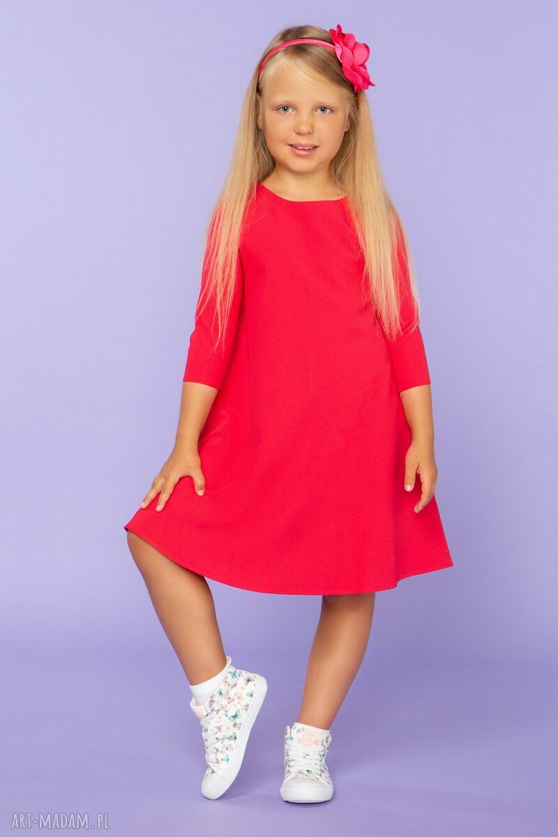 Komplet dla mamy i córki - eleganckie sukienki trapezowe z kieszeniami malina (model 24)