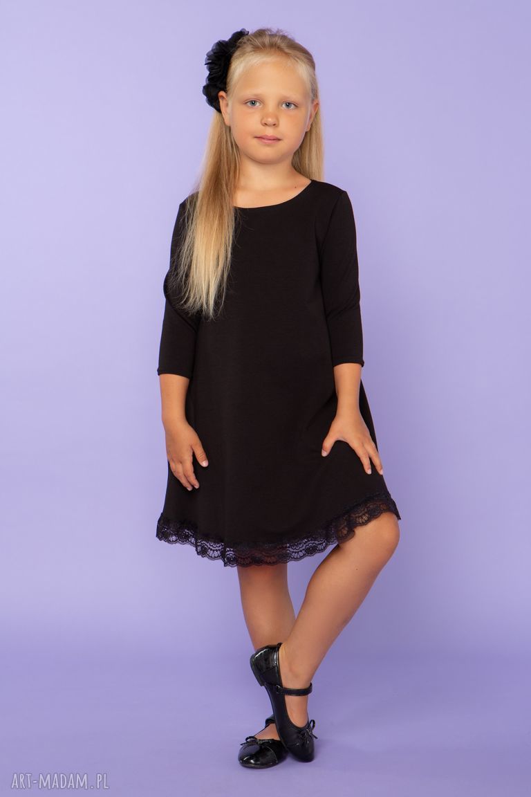 Czarny komplet dla mamy i córki - elegancka sukienka trapez z koronką