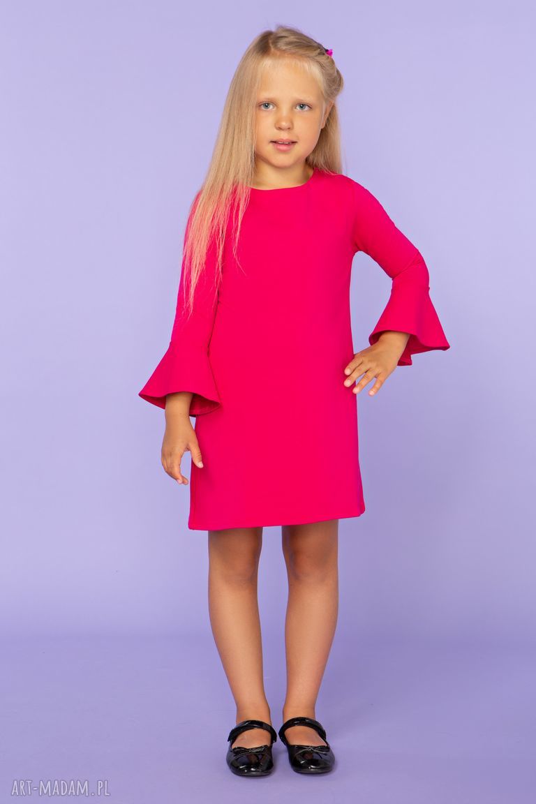 Komplet dla mamy i córki Tessita - eleganckie sukienki z falbanką przy rękawie, model 26, fuksja