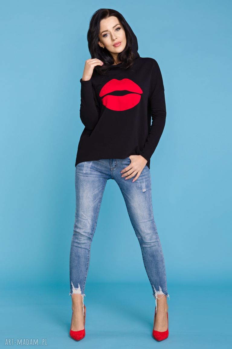 Komplet mama i córka - bluza z kapturem z aplikacją ust, model 22 (czarny i czerwony)