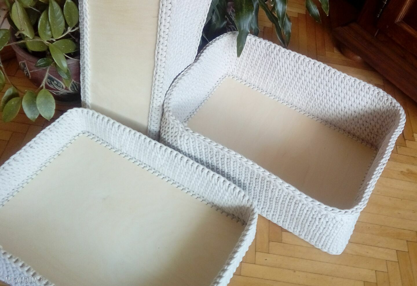 Komplet 3 dużych koszy handmade z beżowego sznurka - rękodzieło Arte Dania