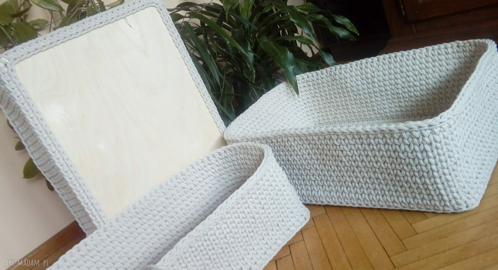 Komplet 3 dużych koszy handmade z beżowego sznurka - rękodzieło Arte Dania